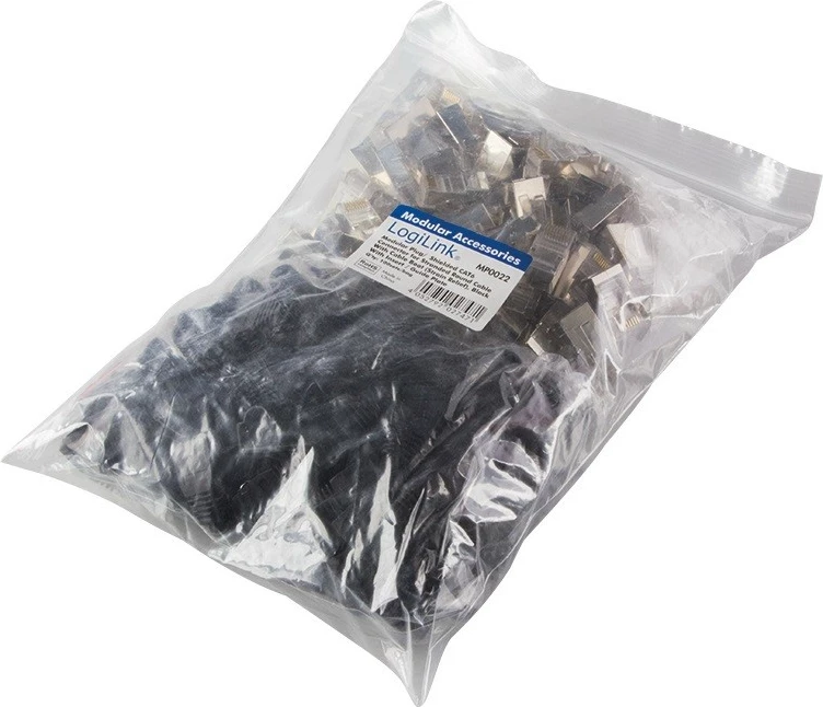 Set konektorë RJ45 CAT.6 LogiLink MP0022, 100 copë, i mbrojtur, zi