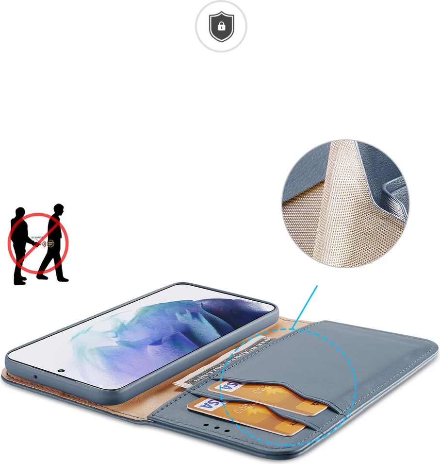 Mbështjellës Dux Ducis Hivo për Samsung Galaxy S22+, lëkurë natyrale, me xhepa për karta, Blu