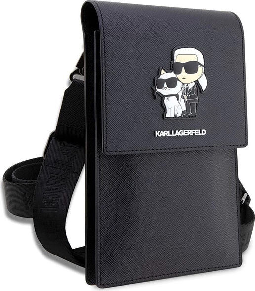 Çantë për telefon Karl Lagerfeld Saffiano Karl & Choupette, e zezë