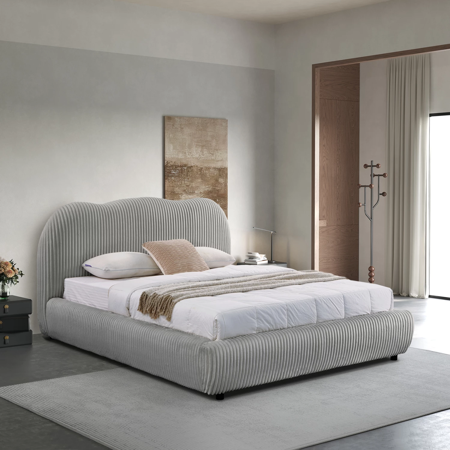 Krevat dopio me hapësirë për depo, material pelushi sintetik, ngjyrë gri, KALLY FH729.01, dyshek 160x200cm