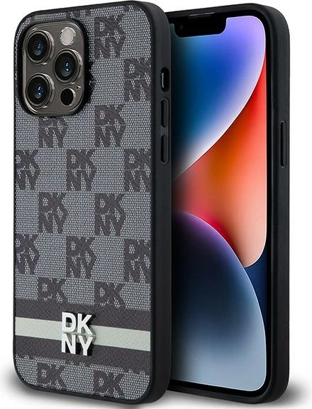 Mbështjellës DKNY Leather Checkered Mono Pattern & Printed Stripes për iPhone 14 Pro Max, i zi