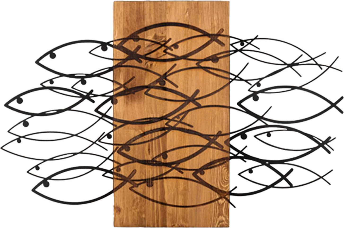Dekor muri me peshq, metal i zi, dru natyral, FH4811, 87x3x58cm