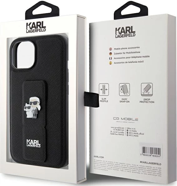 Mbështjellës Karl Lagerfeld Gripstand Saffiano Karl&Choupette Pins për iPhone 15 Plus / 14 Plus, i zi
