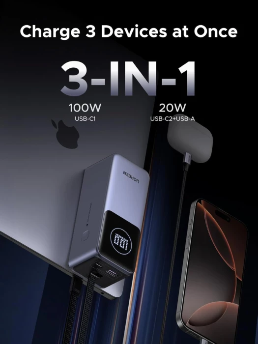 Powerbank UGREEN 55365B 20000mAh 130W me kabllo USB-C të integrume, Space Grey