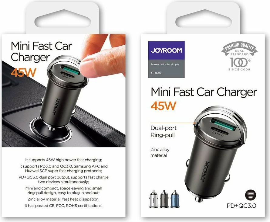 Karikues veture Joyroom C-A35, 45 W, 2 porta USB/USB-C, Gri