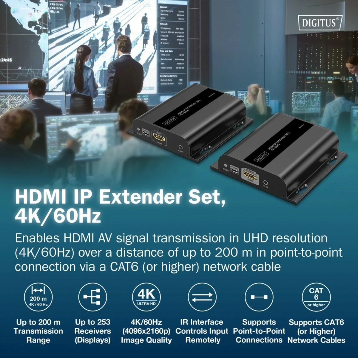 Zgjatës HDMI mbi IP, Digitus DS-55351, 4K/60Hz, deri 200 m (Cat6), max 253 pranues, IR, e zezë, set (transmetues/marrës)
