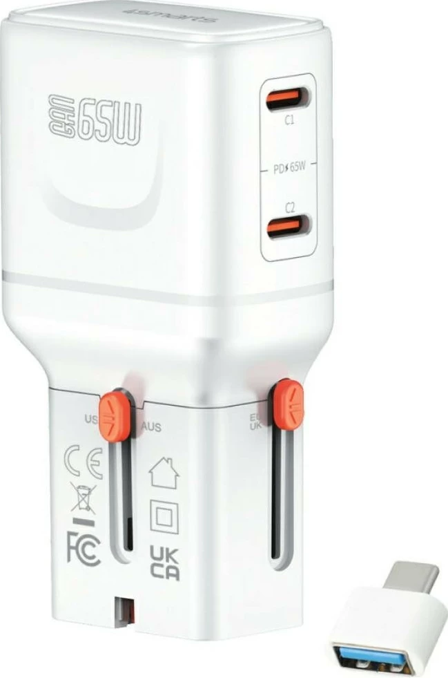 Karikues udhëtimi mur, 4smarts Nomad Pocket GaN 65W, 2x USB-C + adapter USB-A, i bardhë