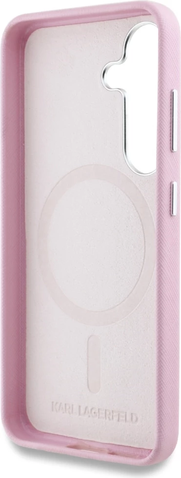 Mbështjellës Karl Lagerfeld Saffiano Full Wrapped Elongated Metal Logo MagSafe për Samsung Galaxy S25+, Rozë