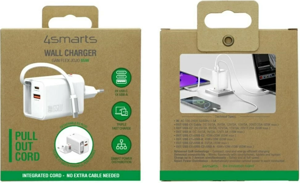 Karikues muri GaN, 4smarts Flex Jojo 4SM000009, 65W PD, 2x USB-C + USB-A, kabllo e integruar e tërheqshme, e bardhë