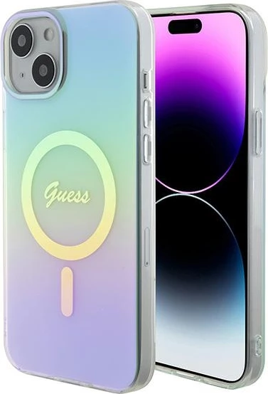 Mbështjellës Guess GUHMP15MHITSQ për iPhone 15 Plus 6.7", IML Iridescent MagSafe, kaltër