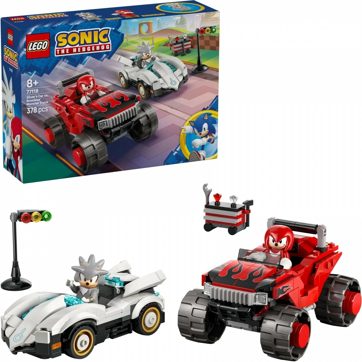 Set LEGO Sonic the Hedgehog 77118 Silver me makinë vs Knuckles me monster truck, 378 pjesë, 8+
