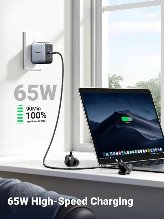 Karikues udhëtimi UGREEN Nexode 65W (MPN 90409), GaN II, PD 3.0, 2x USB-C + 1x USB-A, set adaptera EU/US/UK, zi/gri