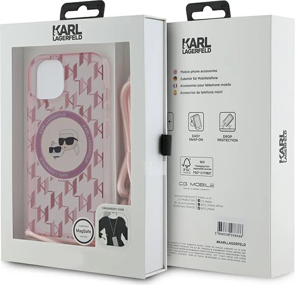Mbështjellës Karl Lagerfeld IML Crossbody Monogram Karl & Choupette Head MagSafe për iPhone 15/14/13, rozë