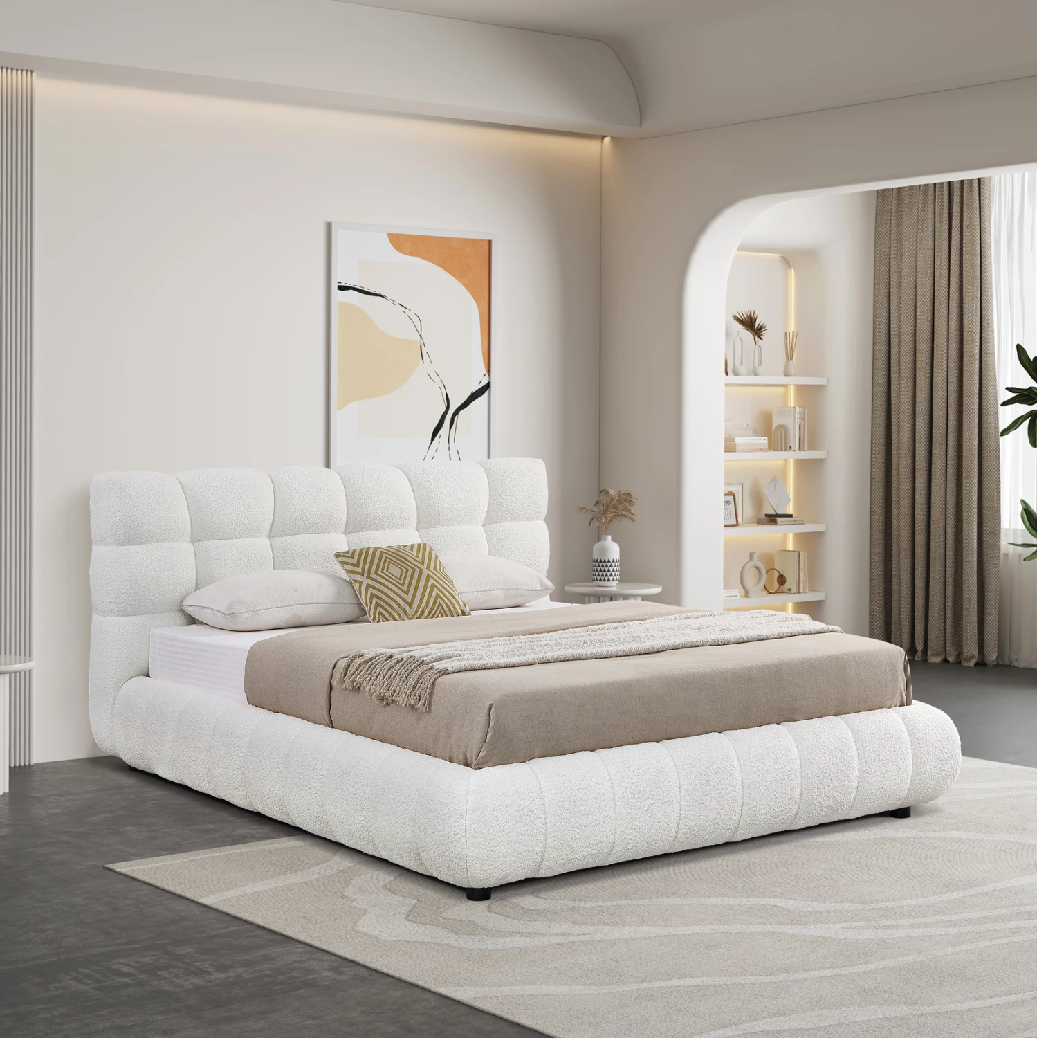 Krevat dopio me hapësirë për depo, pëlhurë chenille e bardhë, SOMNIUM CD725.02, dyshek 160x200cm