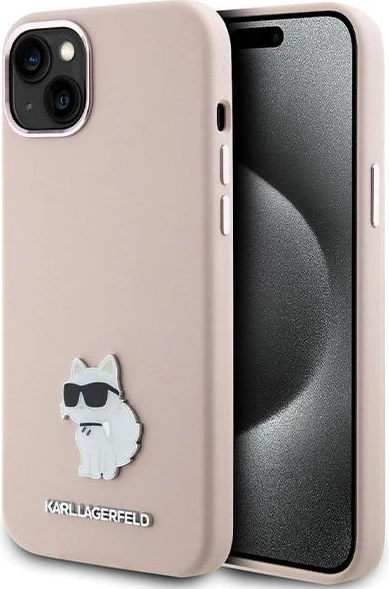Mbështjellës Karl Lagerfeld Silicone Choupette Metal Pin për iPhone 15 Plus / 14 Plus, Rozë