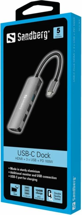 Dock USB-C Sandberg 136-32, HDMI, 3x USB, PD 100W, argjendtë