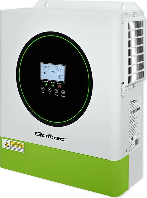 Inverter solar hibrid Qoltec 53865, 3500W, 100A, 24V, MPPT, BMS, Wi-Fi, i bardhë/gjelbër