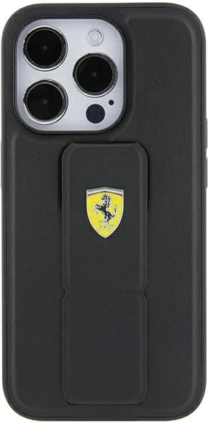 Mbështjellës Ferrari Grip Stand Metal Logo për iPhone 15 Pro Max, i zi