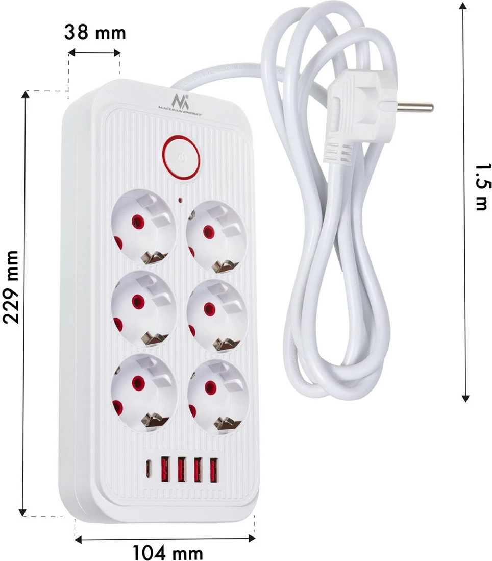 Zgjatues rryme Maclean MCE389 W 6x Schuko, 4x USB-A + 1x USB-C, 1.5 m, 2500W, me çelës, i bardhë
