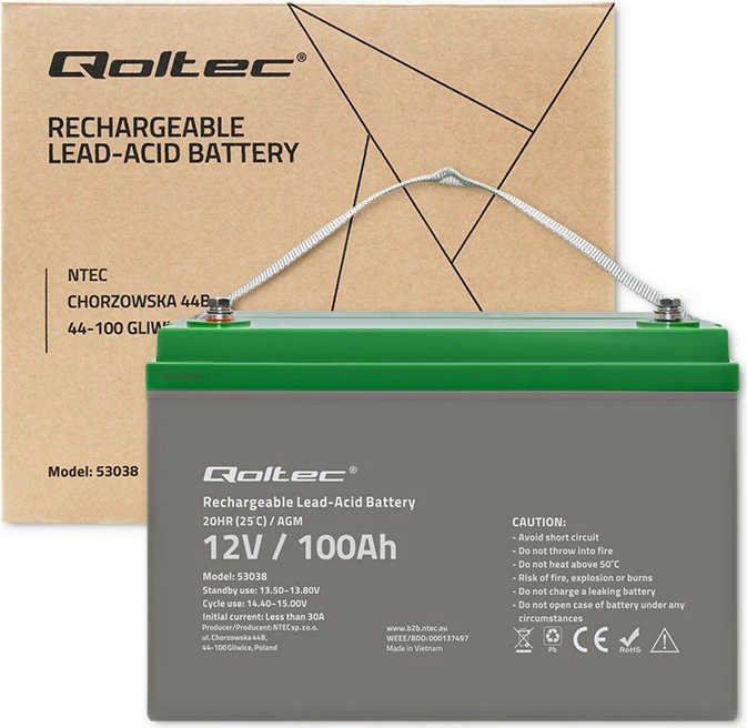 Bateri AGM Qoltec 53038, 12V, 100Ah, Gri/Gjelbër