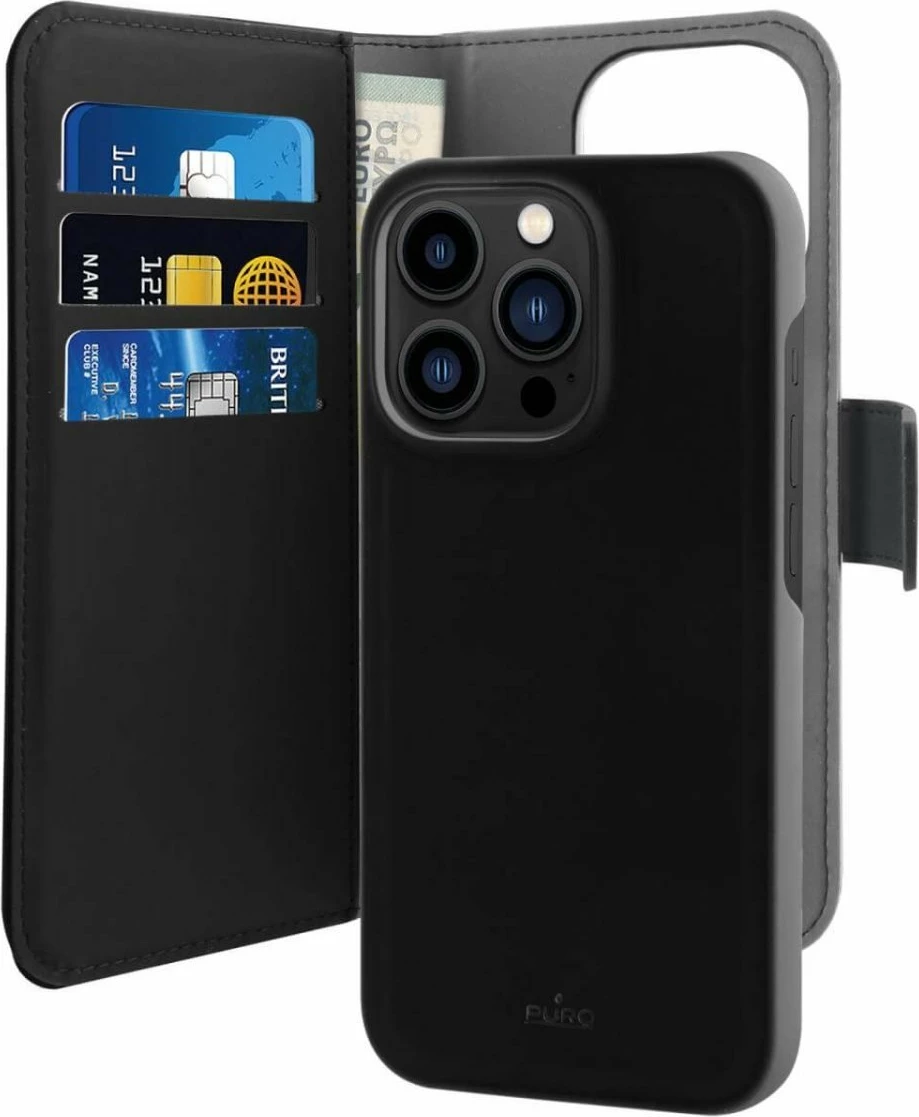 Mbështjellës Puro Wallet Detachable MagSafe 2in1 për iPhone 14 Pro Max, lëkurë ekologjike, e zezë