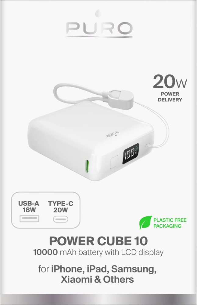 Bateri e jashtme, Puro, 10000mAh 20W PD me ekran LCD, USB-C & USB-A, kabëll USB-C i integruar, e bardhë