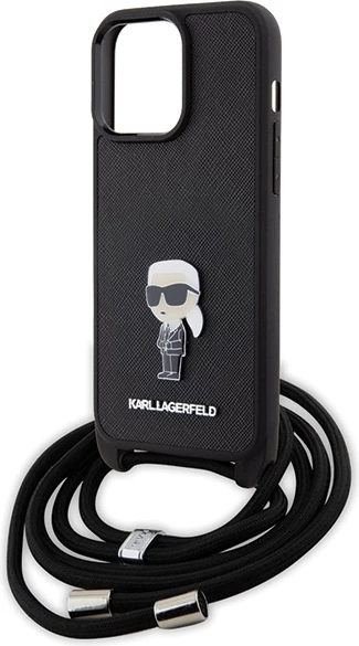 Mbështjellës Karl Lagerfeld Crossbody Saffiano Monogram Metal Pin Karl & Choupette për iPhone 15 Pro Max, i zi