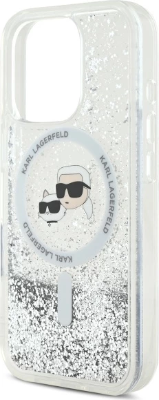 Mbështjellës Karl Lagerfeld Liquid Glitter Karl & Choupette Head MagSafe për iPhone 16 Pro Max, Transparent