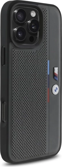 Mbështjellës BMW M Perforated Tricolor Detail Line për iPhone 16 Pro, Gri e errët