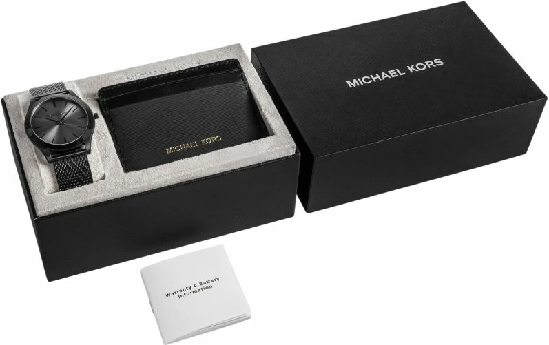 Orë dore dhe portofol kartelash Michael Kors për meshkuj, të zeza