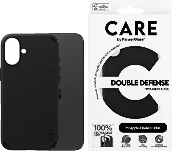 Mbështjellës PanzerGlass CARE Double Defense për iPhone 16 Plus, i zi
