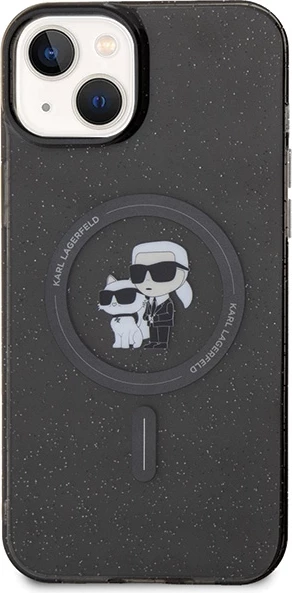 Mbështjellës Karl Lagerfeld Karl&Choupette Glitter MagSafe për iPhone 15, i zi