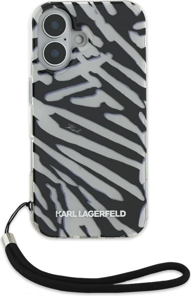 Mbështjellës Karl Lagerfeld IML Zebra Pattern & Cord për iPhone 16, Zi