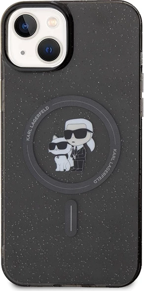 Mbështjellës Karl Lagerfeld Karl&Choupette Glitter MagSafe për iPhone 15 Plus, i zi