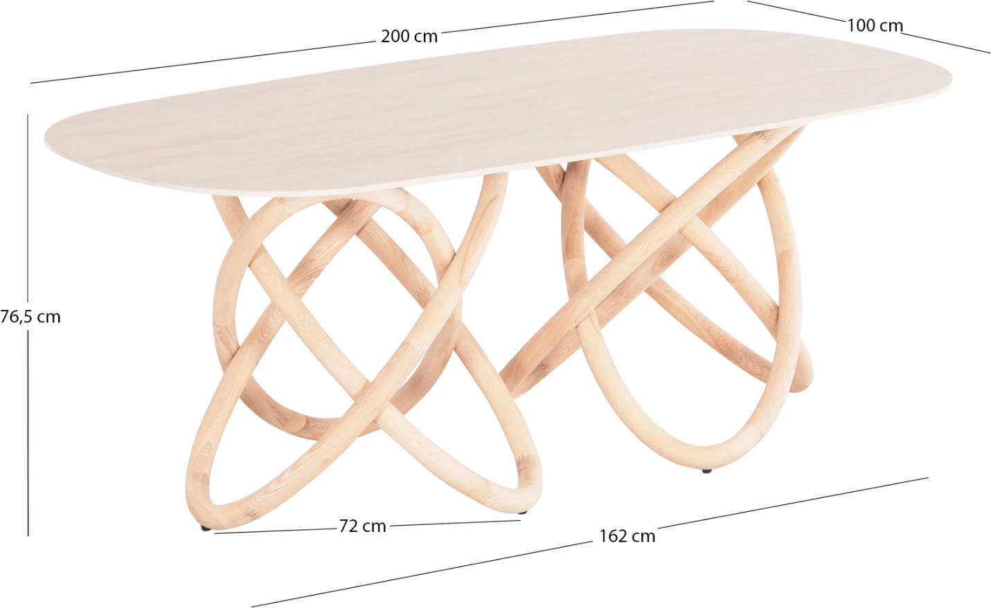 Tavolinë ngrënie Orbiter, sipërfaqe qeramike ngjyrë ecru, këmbë fraksini natyrale, 200x100x76.5cm