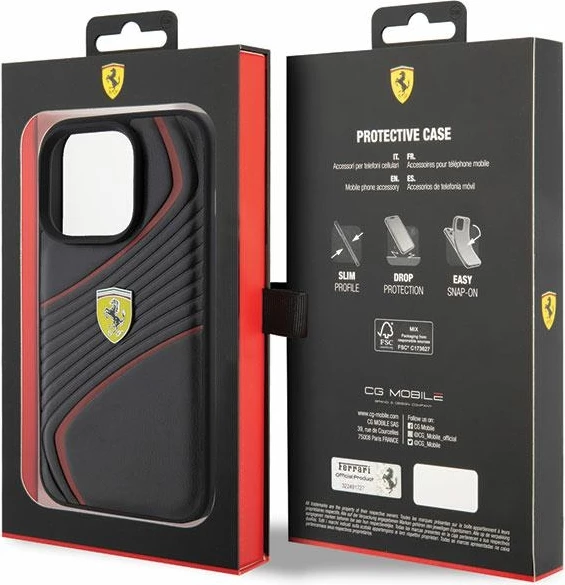 Mbështjellës Ferrari Twist Metal Logo për iPhone 15 Pro, i zi