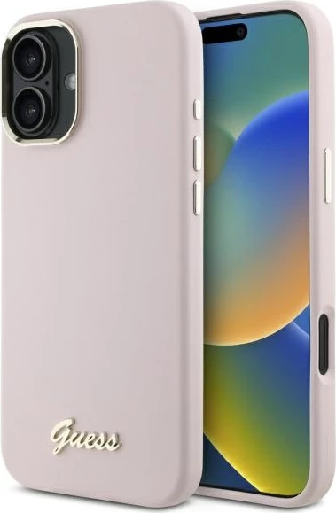 Mbështjellës Guess Silicone Script Metal Logo & Frame për iPhone 16, Rozë