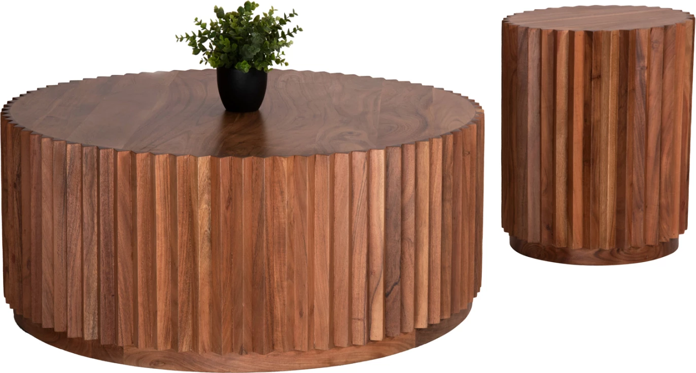 Set 2 tavolina kafeje rrethore, dru akacie, ngjyrë natyrale, Φ90 & Φ40cm