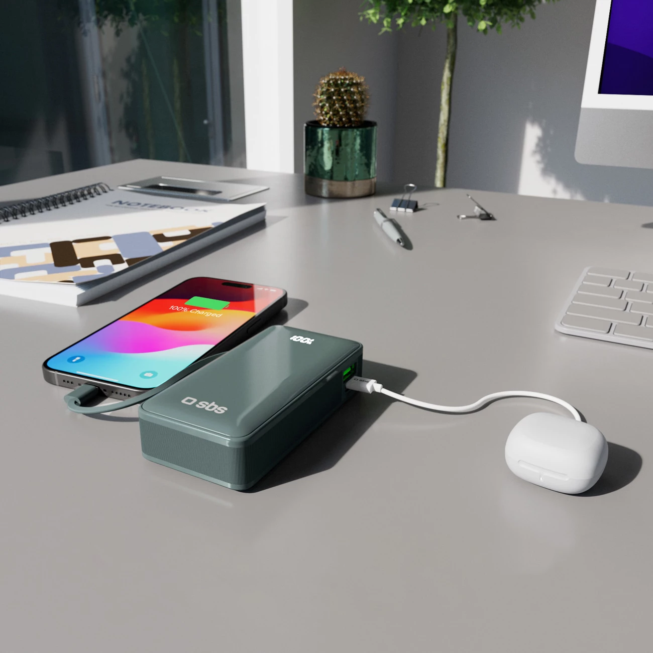 Powerbank SBS 10000 mAh 20W me kabllo USB-C të integruar dhe ekran LCD, Gri