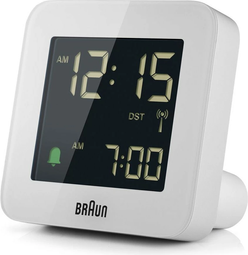 Orë alarmi digjitale Braun BC09-DCF, LCD, 12/24h, e bardhë