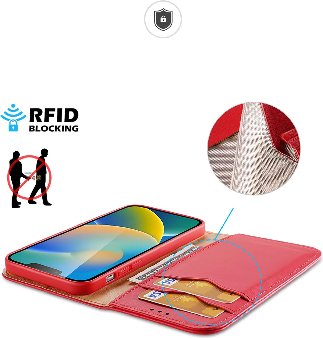 Mbështjellës Dux Ducis Hivo për iPhone 14 Plus, lëkurë natyrale, me xhepa dhe mbrojtje RFID, Kuq