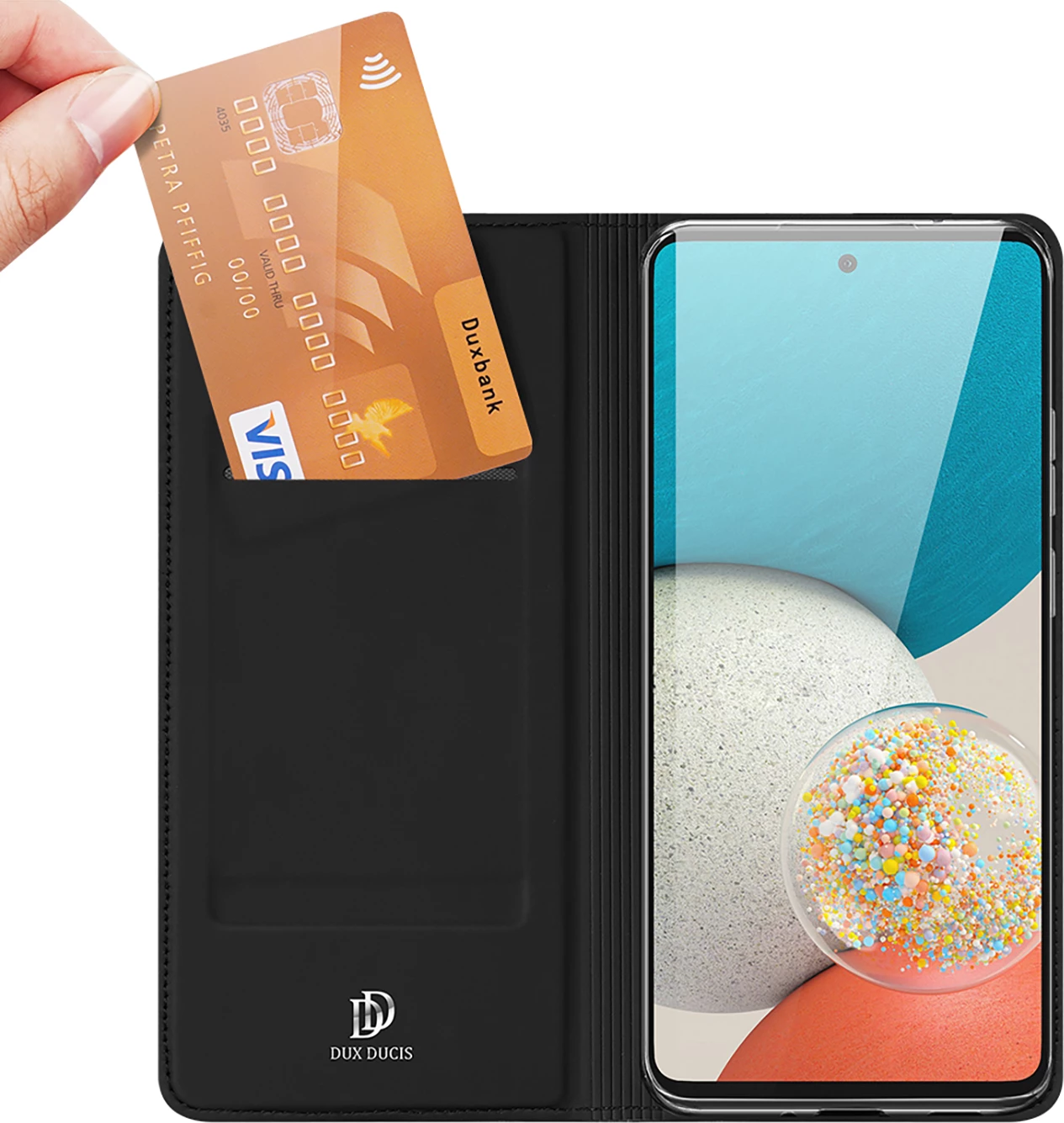 Mbështjellës Dux Ducis Skin Pro për Samsung Galaxy A73, me xhep kartelash, me qëndrim, i zi