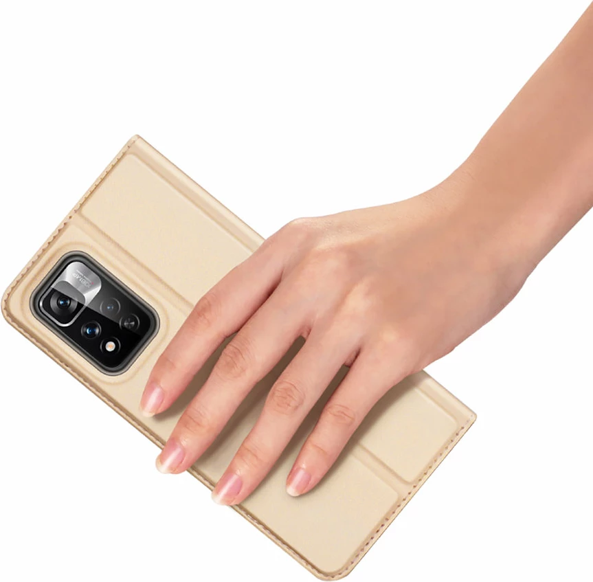 Mbështjellës Dux Ducis Skin Pro për Poco M4 Pro 5G, me kapak, xhep kartelash dhe mbajtëse, Gold