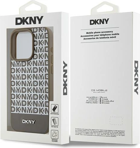 Mbështjellës DKNY Leather Printed Pattern Metal Logo MagSafe për iPhone 15 Pro Max, Kafe