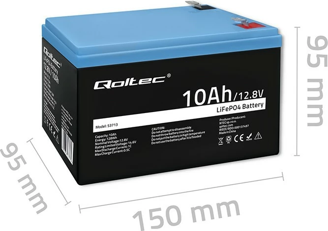 Bateri LiFePO4 rimbushëse, Qoltec 53713, 12.8V 10Ah 128Wh, me BMS