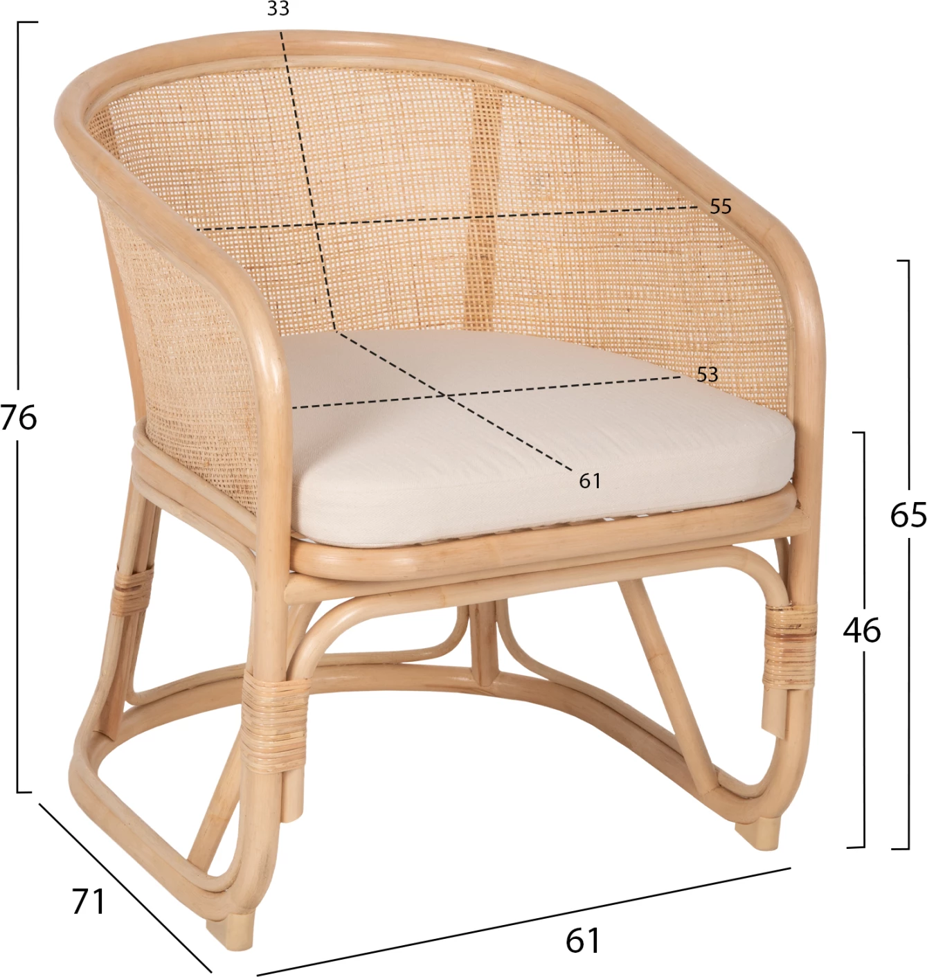 Karrige KIKO FH9839 rattan, ngjyrë natyrale, jastëk i bardhë, 61x71x76H cm.