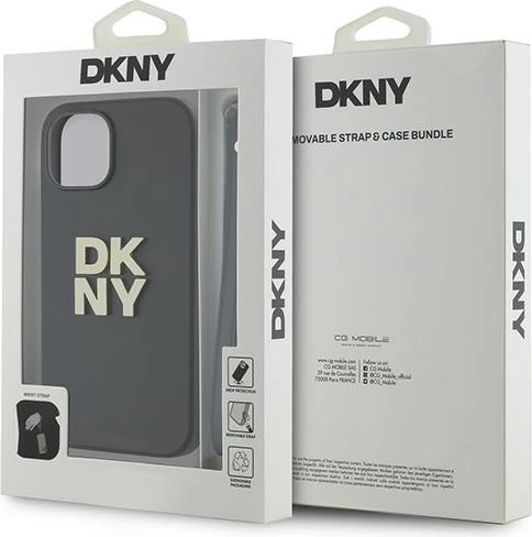 Mbështjellës DKNY Wrist Strap Stock Logo për iPhone 15 Plus, i zi