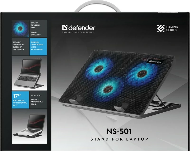Cooling pad Defender NS-501 për laptop 15.6-17", Metal, 3 ventilatorë, USB, Zi