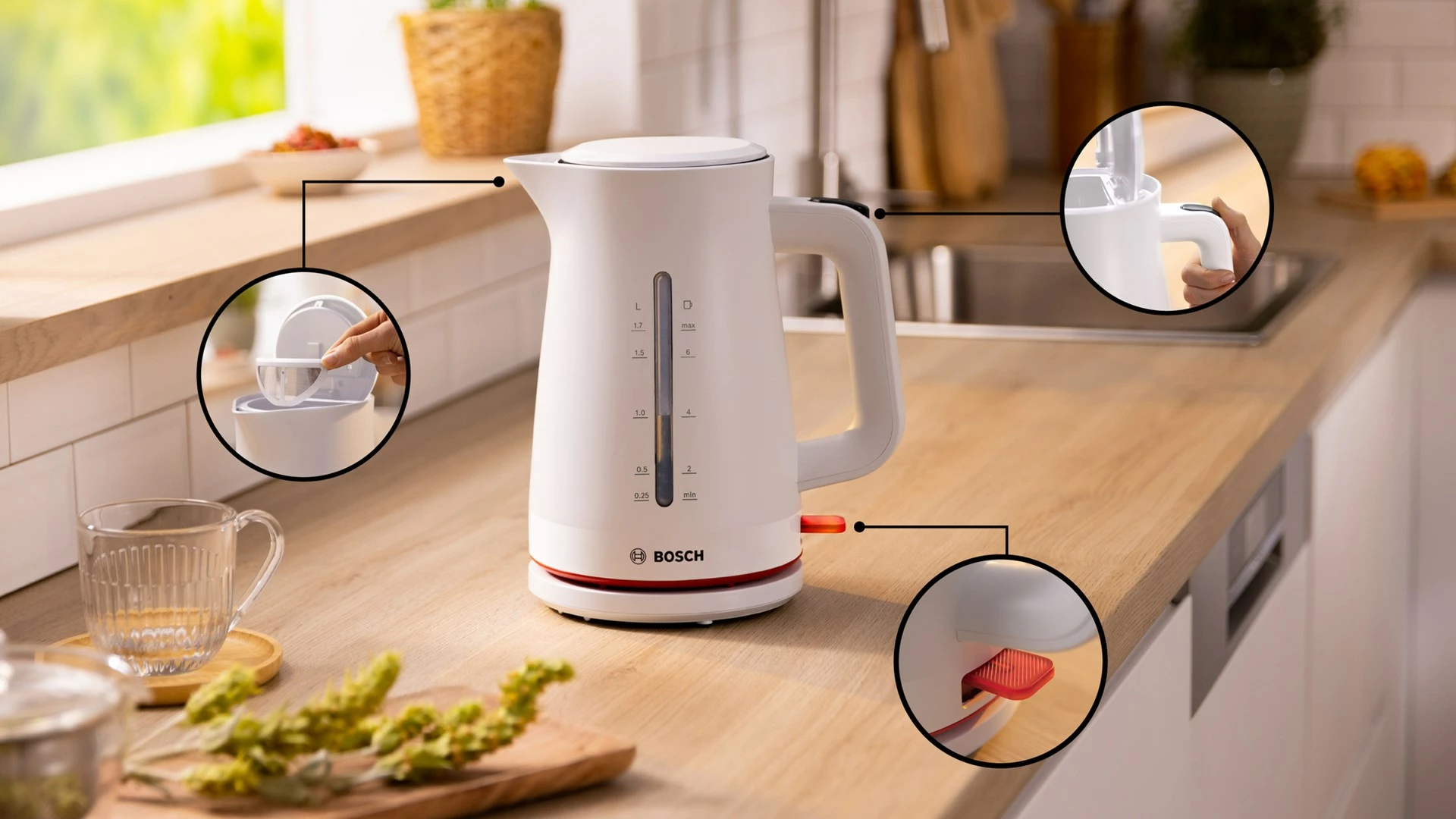 Ibrik elektrik Bosch TWK3M121, 1.7L, 2400W, Bardhë