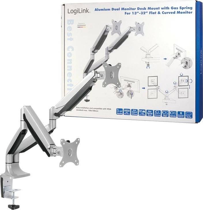 Mbajtës tavoline për 2 monitorë LogiLink BP0043, 13-32 inç, 2x9kg, VESA, Zi/Argjendtë